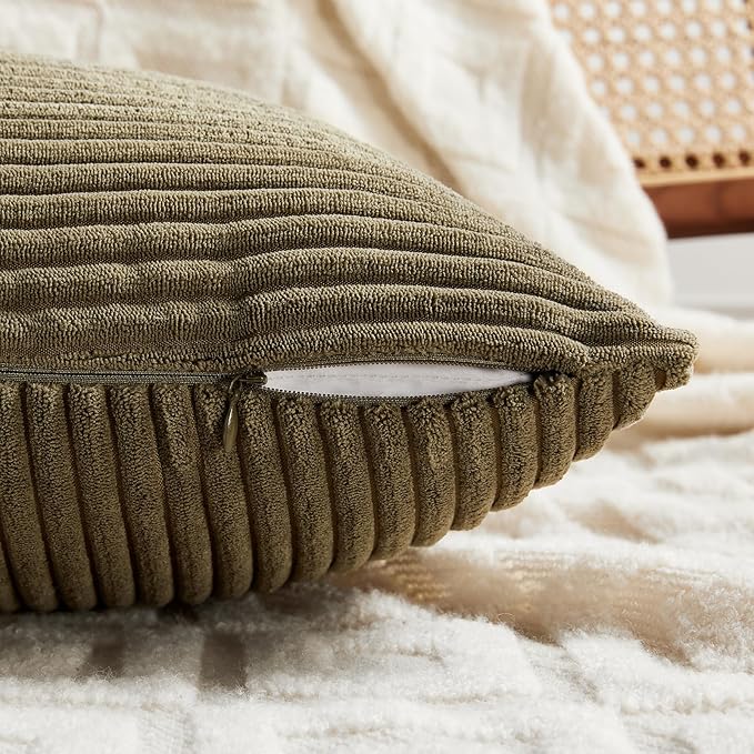 Fancy Homi 2 Packs Olive Green Lumbar Decorative Throw Pillow Covers 12x20 Inch for Living Room Couch Bed, Farmhouse Boho Home Decor, Soft Striped Corduroy Rectangle Accent Cushion Case 30x50 cm-Ruum Studio Home