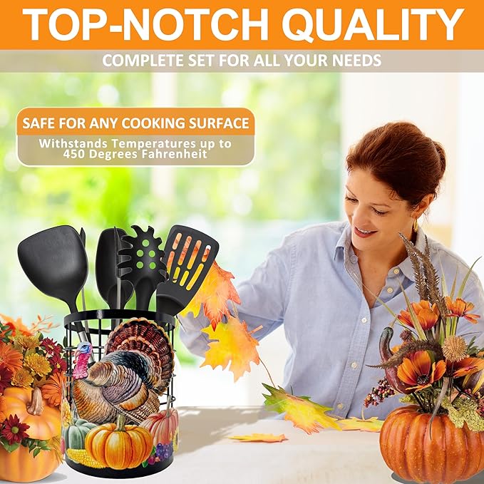 Thanksgiving Turkey Utensil Holder, Thanksgiving Turkey Pumpkin Kitchen Decor Utensil Organizer for Countertop, Fall Metal Cooking Tools Farmhouse Counter Decor, Kitchen Gifts Utensil Caddy Harvest-Ruum Studio Home