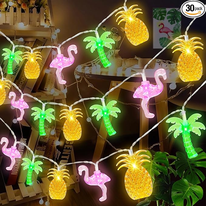 Couah 30 LED 16Ft Summer Beach Hawaiian String Lights - 8 Modes & Timer - Flamingo Pineapple Palm Tree Fairy Lights - Battery Operated for Tropical Party Pool Decorations-Ruum Studio Home
