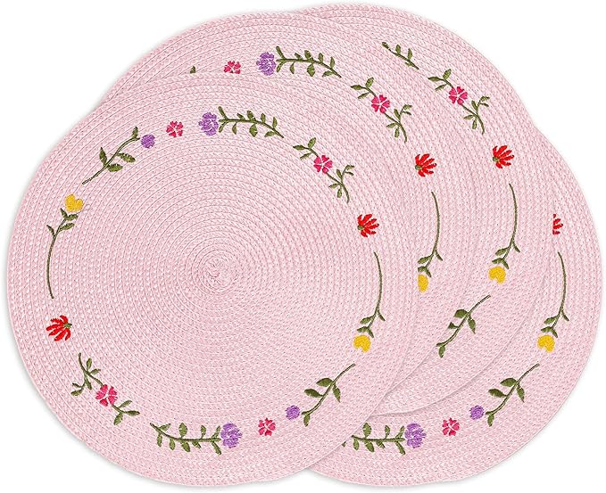 Whaline 4Pcs Round Placemats Spring Flower Embroidered Place Mats Pink Floral Dinner Table Mats for Home Holiday Wedding Bridal Baby Shower Birthday Party Decor-Ruum Studio Home