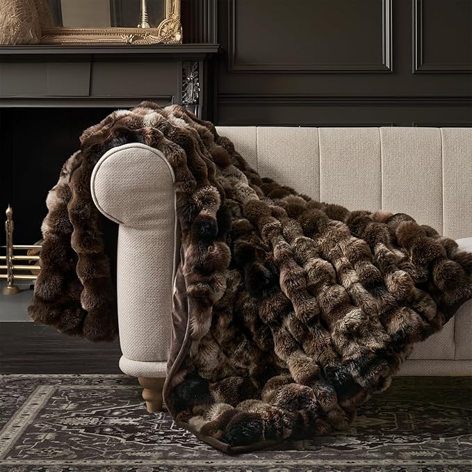 EVERGRACE Ultra Soft Luxury Fluffy Ridgeline Faux Rabbit Fur Throw Blanket, Thick Warm Bubble Throw for Bed, Cozy Plush Reversible Blankets for Couch, Chair, Sofa, Mocha Brown, 60x80 Inches, 870 GSM-Ruum Studio Home