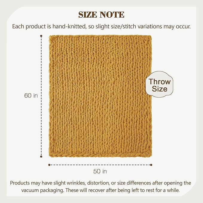 Carriediosa Chunky Knit Throw Blanket 50" X 60", 100% Hand Made Large Chenille Loop Yarn Soft Fluffy Throws for Couch Sofa Bed, Big Crochet Cozy Heavy Thick Cable Woven Blanket, Yellow-Ruum Studio Home
