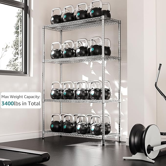 IZEUK 3400 LBS Garage Shelving Wide Storage Shelves 4 Tier Metal Shelves Heavy Duty Adjustable Utility Shelf Rack Chrome 17.7" D x 59.1" W x 70.4" H-Ruum Studio Home