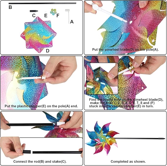 Hausse 10 Pack Reflective Pinwheels Wind Spinner, Extra Sparkly Rainbow Pinwheel with Stakes, Bird Repellent Blinder Devices Deterrent to Scare Birds Away from Yard Patio Farm Garden, Colorful-Ruum Studio Home