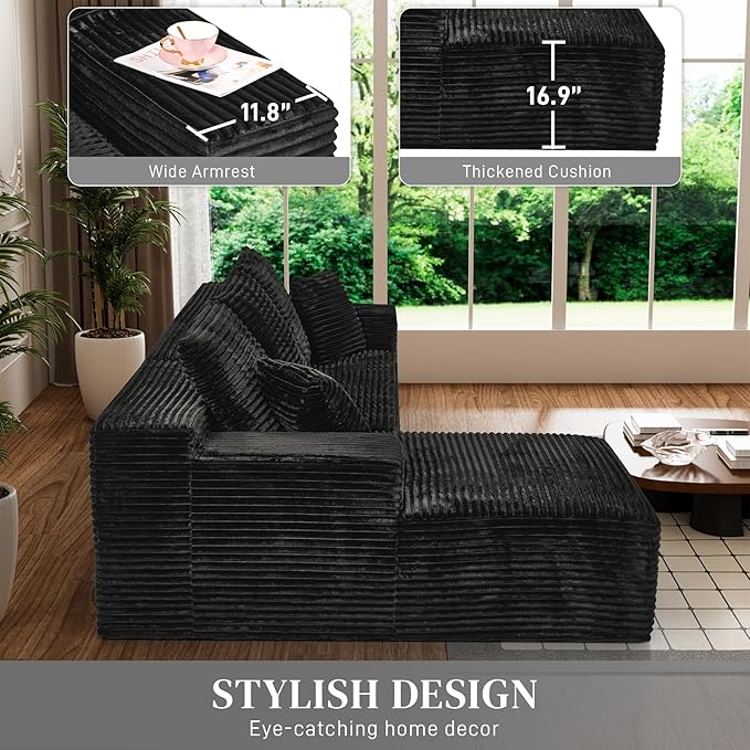 Modular Sectional Sofa Cloud Sectional Couch, 107" Comfy Fluffy L Shaped Light Black Couches for Living Room, Deep Seat Memory Foam Corduroy Boneless Couch Sectionals with Right Facing Chaise Sofa-Ruum Studio Home