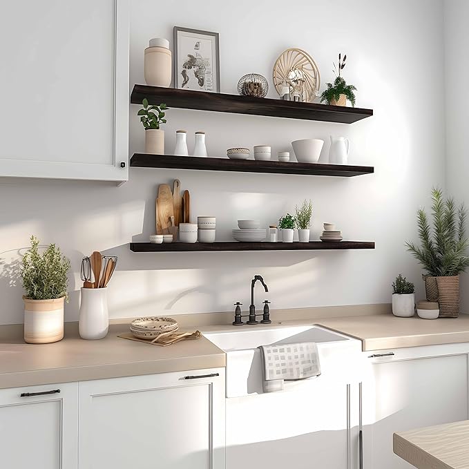 Wood Floating Shelves for Wall Decor, Rustic Wall Shelves for Bedroom Bathroom Kitchen Living Room, Set of 4 Walnut 36 Inch-Ruum Studio Home