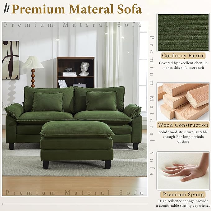 URRED Modular Sectional Sofa Comfy Cloud Couch, Modern Corduroy Sofa Sleeper Deep Seat Couches with Ottoman/Pillows for Living Room (Green, 82.6''- L Shape)-Ruum Studio Home