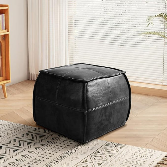 Leather Ottoman,Handmade Stuffed Square Ottoman,Genuine Leather Pouf, Foot Rest Pouf,Comfortable Soft Seating for Living Room & Bedroom (Black, Square)-Ruum Studio Home