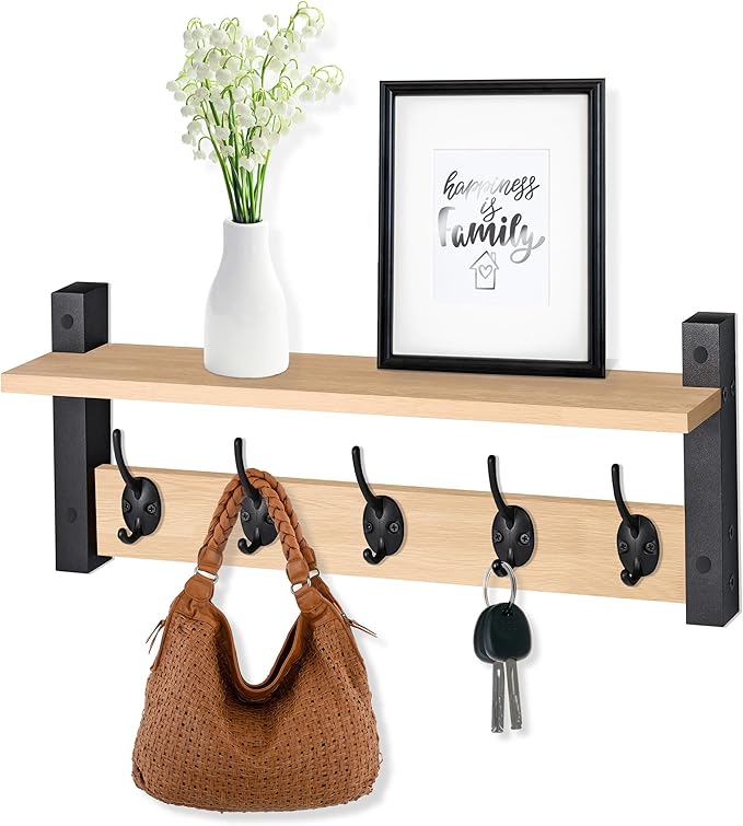 Sorbus Coat Hooks Wall Mount with Shelf – 24 Inch Coat Rack Wall Mount with 5 Heavy Duty Hooks – Floating Wall Shelf with Hooks for Entryway, Bathroom, Bedroom, Kitchen, or Mudroom (Maple Wood)-Ruum Studio Home