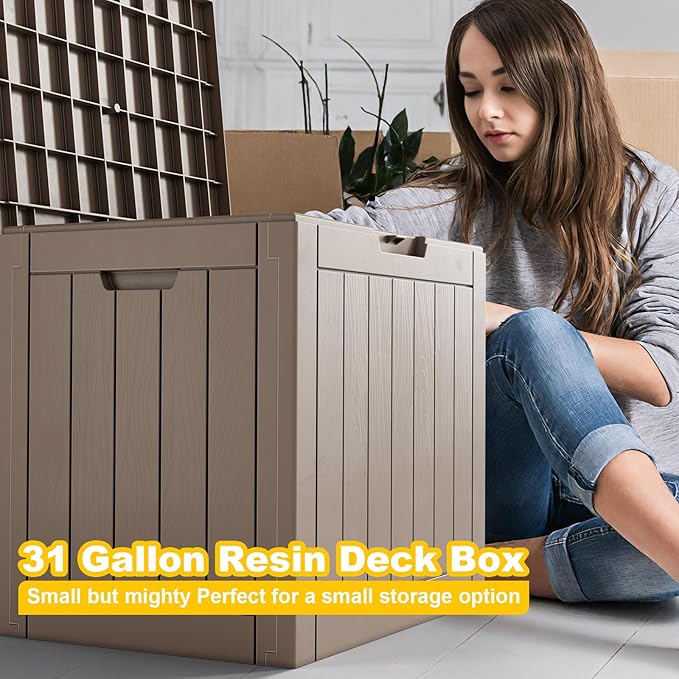 30 Gallon Resin Deck Box, Lockable Outdoor Storage Box for Patio Cushions Storage Furniture,Garden Tools, Pool Supplies, Weatherproof and UV Resistant- Grey-Ruum Studio Home