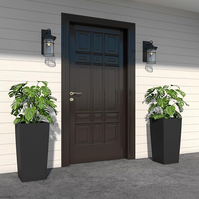 2Pcs 23in High Large Plant Pots Planter-Self-Watering,Modern Planter with Drain Holes,Water Level Monitor,Inner Bucket for Indoor/Outdoor Front Porch Patio,Black Rattan-Ruum Studio Home