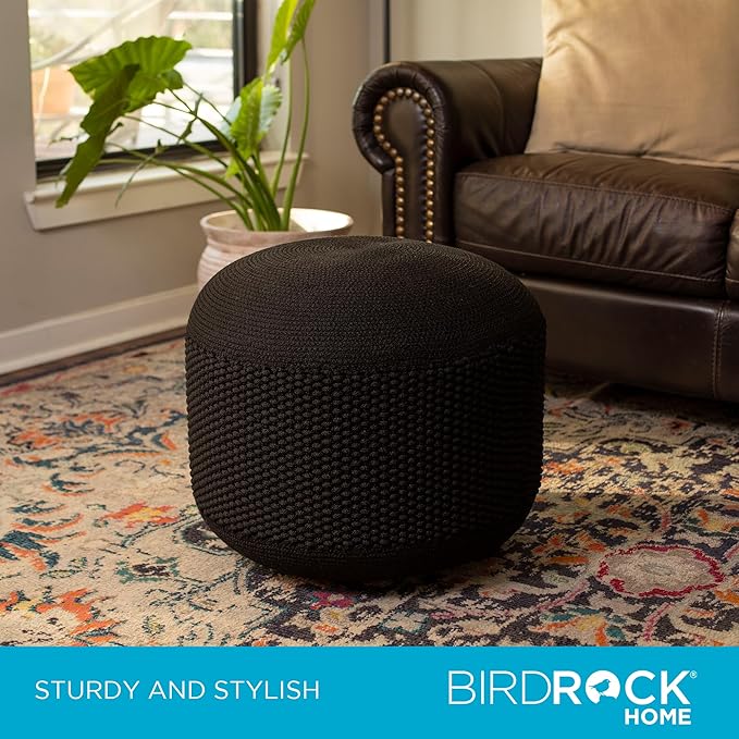 BIRDROCK HOME Outdoor Pouf Ottoman | Hand Woven Waterproof Foot Stool with Bead Bag Filling | Boho Foot Rest for Patio, Living Room, Porch & Outdoor Seating | Lightweight, Soft Stuffed Chair | Black-Ruum Studio Home