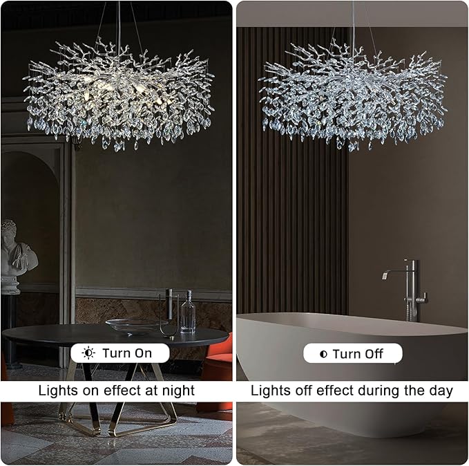 Modern Crystal Chandeliers for Dining Room, 40" Round Silver Tree Branches Chandeliers, Large Dining Room Over Table Chandeliers Lights Fixture, Branches and Crystals Ceiling Light Fixtures-Ruum Studio Home