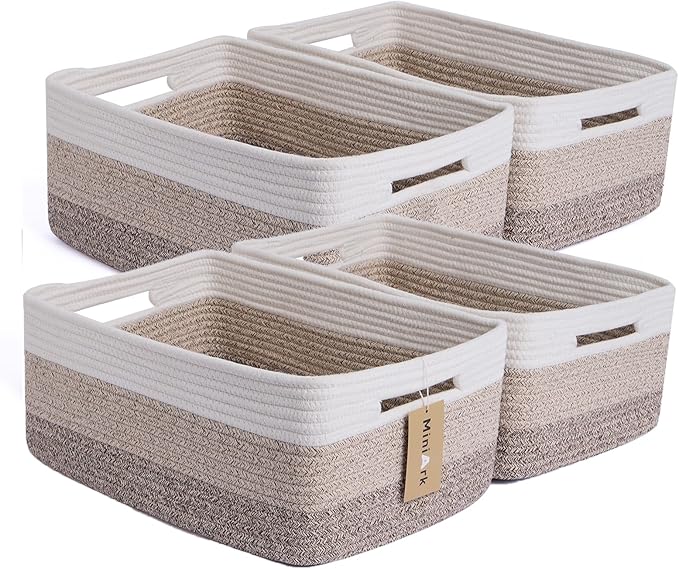 Large Storage Baskets for Organizing, Closet Shelf Baskets for Clothes Blanket Towels, Baby Nursery, Toy Bins Box, Woven Rope Baskets, 17 x 13 x 7.5”, 4 Packs Gradient Brown-Ruum Studio Home