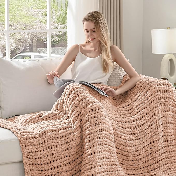 Esterra Chunky Knit Blanket Throw 60"x80", 100% Hand Knitted Chenille Throw Blanket, Cozy Soft Thick Cable Knit Throw Large Rope Knot Crochet Throw Blanket for Sofa Couch Bed, Dusty Pink-Ruum Studio Home