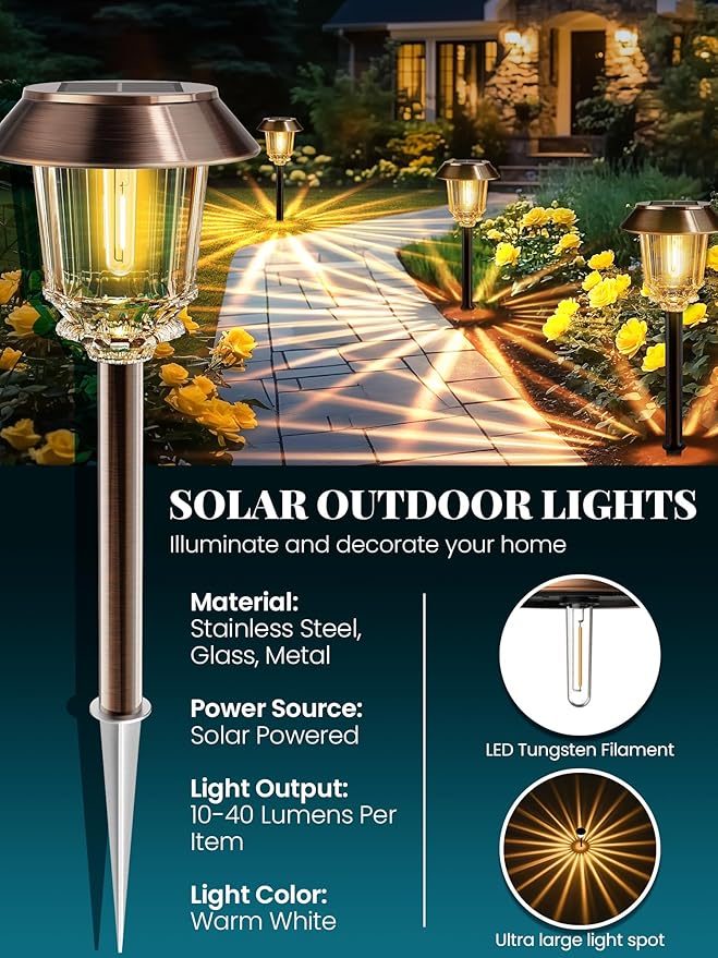 Solar Lights Outdoor Waterproof,4 Pack Bronze Pathway Lights with 10-40 LM Dimmable Glass and Metal, Solar Powered Garden Fall Decor for Yard,Patio,Pathway,Driveway(Warm White)-Ruum Studio Home
