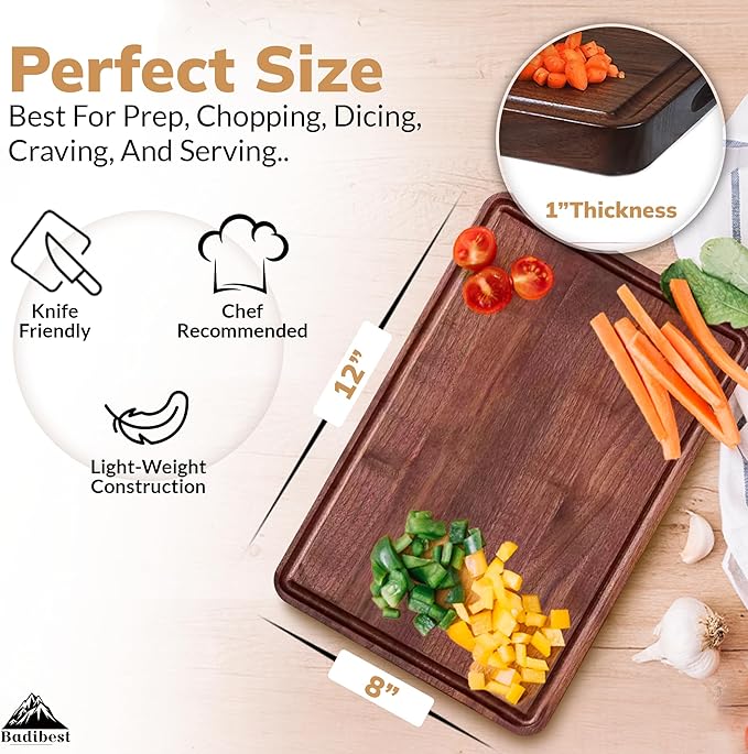 Handcrafted Walnut Wood Cutting Board 12x8, Non Toxic Kitchen Chopping Board with Juice Groove Charcuterie Serving Board, Eco & Knife Friendly Small Wooden Cutting Boards for Kitchen, Restaurant Use-Ruum Studio Home
