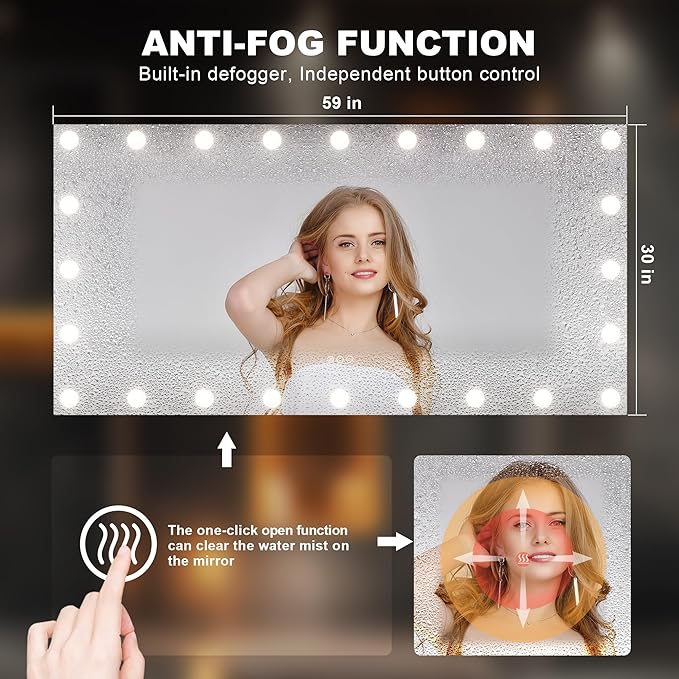 Hasipu LED Bathroom Mirror with Lights, 59" x 30" Hollywood Wall-Mounted Bathroom Mirror with 24 Dimmable Bulbs, 3 Colors Modes, Touch Control, Anti-Fog, Memory Function, Shatter-Proof, ETL Listed-Ruum Studio Home