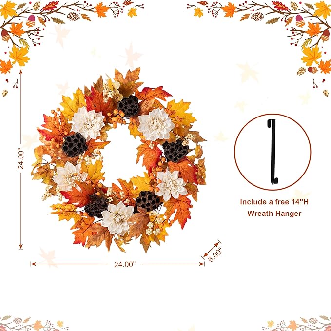 Glitzhome 24" D Fall Sorghum Wreath with Metal Hanger, Harvest Wreath for Front Door, Fall Door Wreaths for Indoor Outdoor Thanksgiving Harvest Holiday Decorations-Ruum Studio Home