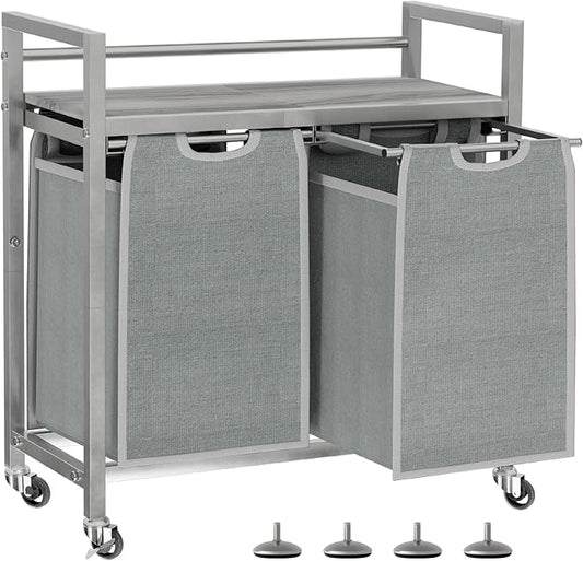 Laundry Hamper, Laundry Basket, Laundry Sorter with 3 Removable Bags, Clothes Basket with 3 Compartments, Wheels, Shelf for Laundry Room Bathroom Bedroom (2 Bags-Gray)-Ruum Studio Home