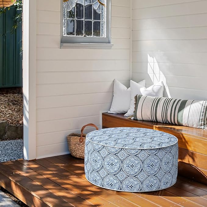 Inflatable Ottoman Stool D31 xH14 for Outdoor/Indoor Use, Water Repellent Patio Foot Rest Stool with Portable Handle,Round Pouf Ottoman Suitable for Garden,Deck and Camping - Medallion Blue-Ruum Studio Home