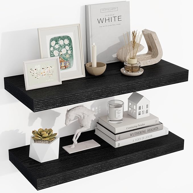24 Inch Floating Shelves, 24"x9.25"x1.5" Inch Deep Floating Shelves for Wall, Wooden Shelves for Bathroom, Bedroom, Living Room, Black-Ruum Studio Home