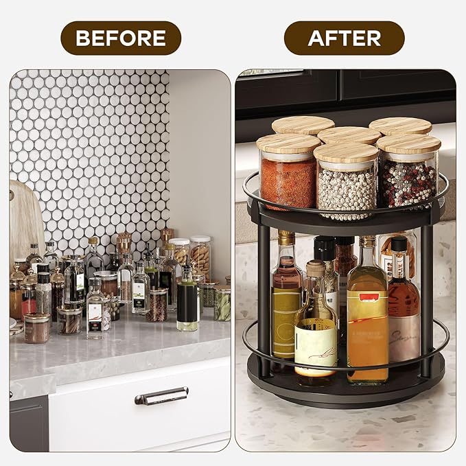 Lazy Susan Organizer, Rotating Spice Rack, 2 Tier Spice Turntable Organizer, Industrial Turntable Spice Holder, for Kitchen Countertop and Cabinet, Compact and Versatile, Black SR22BK-Ruum Studio Home
