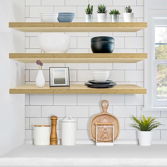 Sorbus Floating Shelves for Wall - 35 Inch Long Bathroom Shelves, Wall Decor for Bedroom, Kitchen, Living Room & Book Storage - Mounted Floating Shelf with Invisible Brackets (Maple Wood, 3 Pack)-Ruum Studio Home