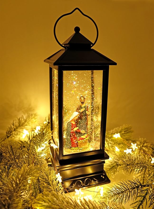 Eldnacele Musical Snow Globe Lantern Lighted Lamp USB Lined in Swirling Glitter Water Lantern Lamp Christmas Nativity Decoration Hurrican Light Timer 12" (Nativity)-Ruum Studio Home