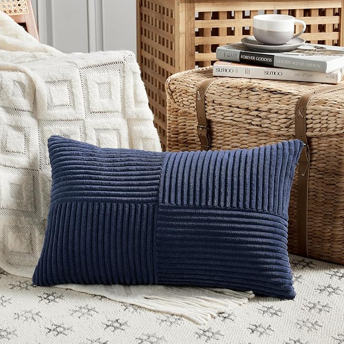 Fancy Homi 2 Packs Navy Blue Lumbar Decorative Throw Pillow Covers 16x32 Inch for Living Room Couch, Rustic Farmhouse Boho Home Decor, Soft Striped Corduroy Rectangle Accent Cushion Case 40x80 cm-Ruum Studio Home