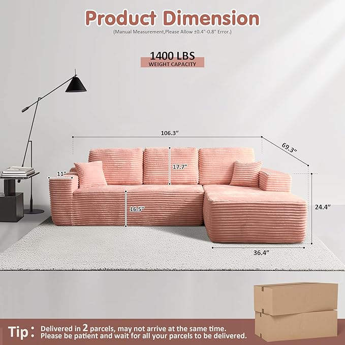 ovios 104" Cloud Sectional Couch with L-Shape Chaise,Modern Modular Sofa with Deep Seat, Upholstered Couches for Living Room Bedroom,No Assembly Required, Pink (Plush Corduroy Fabric)-Ruum Studio Home