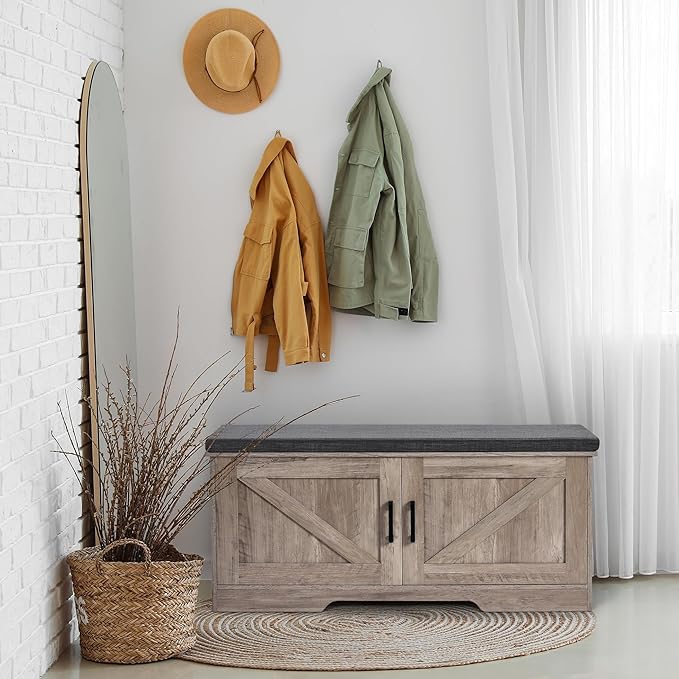 2-Tier Storage Bench, Shoe Bench with Padded Seat Cushion, Entryway Bench with 2 Barn Doors, Adjustable Shelf, 13.8" D x 39.4" W x 17.7" H, for Entryway, Living Room, Bedroom, Greige-Ruum Studio Home