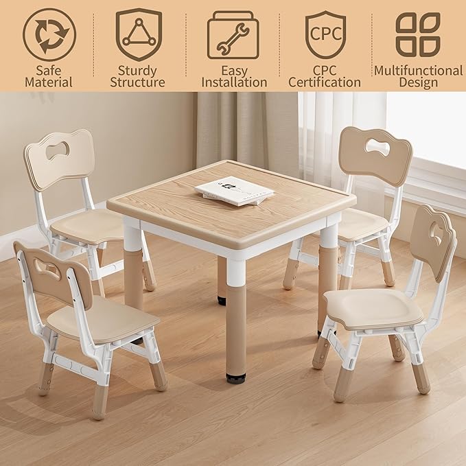 Kid Table and Chairs, Height Adjustable Childrens Table and Chair Set, Kids Tables for Age 2-8, Graffiti Desktop, Table for Kids with 4 Seats, Small Kids Table, Max 300lbs-Ruum Studio Home