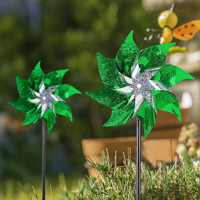 Hausse 10 Pack Reflective Pinwheels Holiday Decor, Extra Sparkly Wind Sculptures for St. Patrick's Day Decorations Party Supplies, Deterrent to Scare Birds Away from Garden Yard Patio Farm, Green-Ruum Studio Home