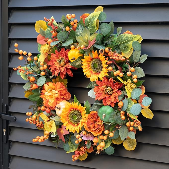 Fall Wreaths for Front Door 24 Inch Autumn Wreath with Sunflowers, Orange Dahlias, Maple Leaves & Berries – Fall Door Wreath for Outdoor or Indoor Thanksgiving Decor-Ruum Studio Home