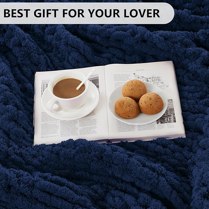 L'AGRATY Chunky Knit Blanket Throw - Soft Throw Blanket 60x80: 100% Hand Kintted Chenile Crochet Throw Blanket for Couch - Large Cable Knit Blanket for Home Decor(Dark Blue)-Ruum Studio Home