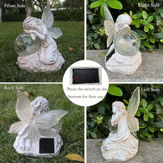 Solar Angel Garden Statue Outdoor Decor with Crackle Glass Globe Color Changing Light Angels Garden Figurines Garden Decor Lawn Ornaments for Patio Yard Lawn-Ruum Studio Home