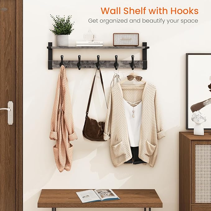 Homode Coat Rack Wall Mount with Shelf, 29 Inch Wood Wall Shelf with Hooks, Entryway Coat Hanger Wall Mount with 5 Hangers for Bathroom, Bedroom, Living Room, Grey-Ruum Studio Home