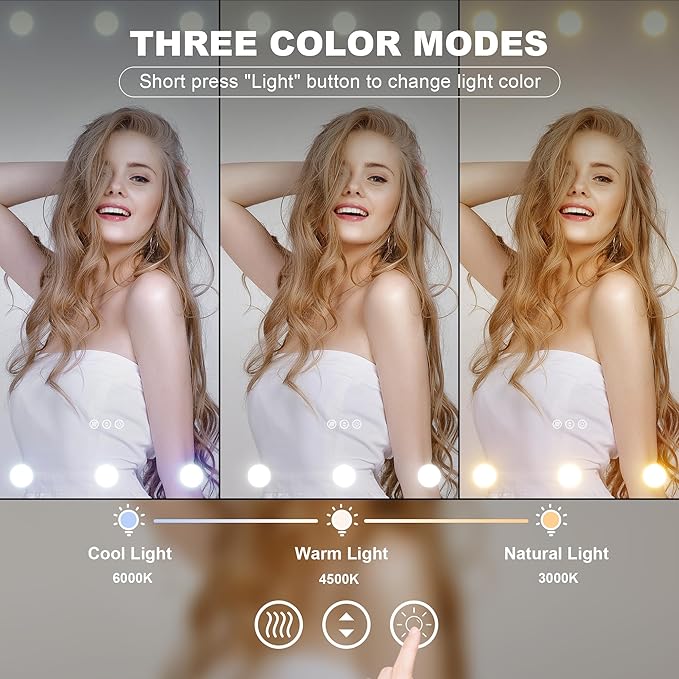 Hasipu LED Bathroom Mirror with Lights, 59" x 28" Hollywood Wall-Mounted Bathroom Mirror with 24 Dimmable Bulbs, 3 Colors Modes, Touch Control, Anti-Fog, Memory Function, Shatter-Proof, ETL Listed-Ruum Studio Home