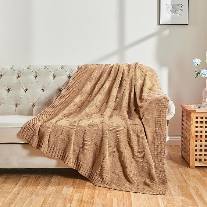 CozeCube Check Knit Throw Blanket, Beige Checkered Throw for Couch, Decorative Christmas Soft Cozy Warm Knitted Blanket for Bed Sofa Living Room, 60"X80"-Ruum Studio Home