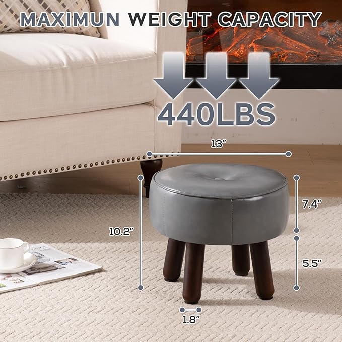 Ottoman, Small Foot Stool, Round Leather Pouf Ottoman, 13''L x 13''W x 10.2''H Foot Rest with Non-Skid Rubber Legs for Living Room Bedroom Couch Entryway, Grey-Ruum Studio Home