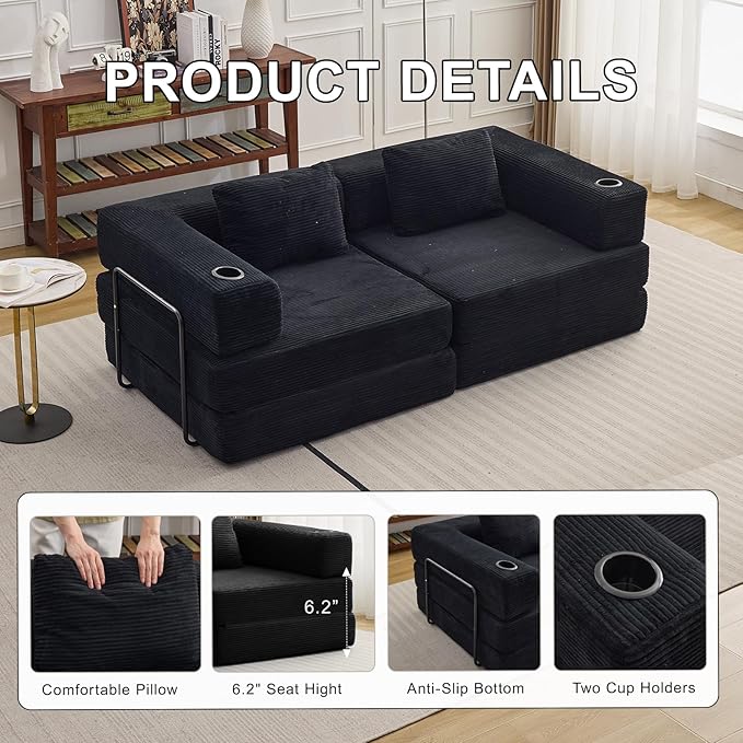 78" W Loveseat Sofa, 4 in 1 Convertible Floor Sofa Bed, Boneless Cloud Couch with Cup Holder, Fold Out Floor Couch, Loveseat Recliner Sleeper for Living Room Bedroom Lounge(Corduroy, White)-Ruum Studio Home