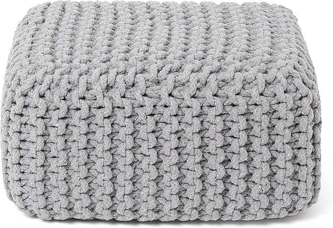 REDEARTH · Cube Low Pouf Foot Stool Ottoman - Hand Knitted Poof - Cord Boho Pouffe - Home Décor - Stuffed Footrest for Living Room - Nursery - Bedroom - Patio (16" x 16" x 8") - Light Gray-Ruum Studio Home