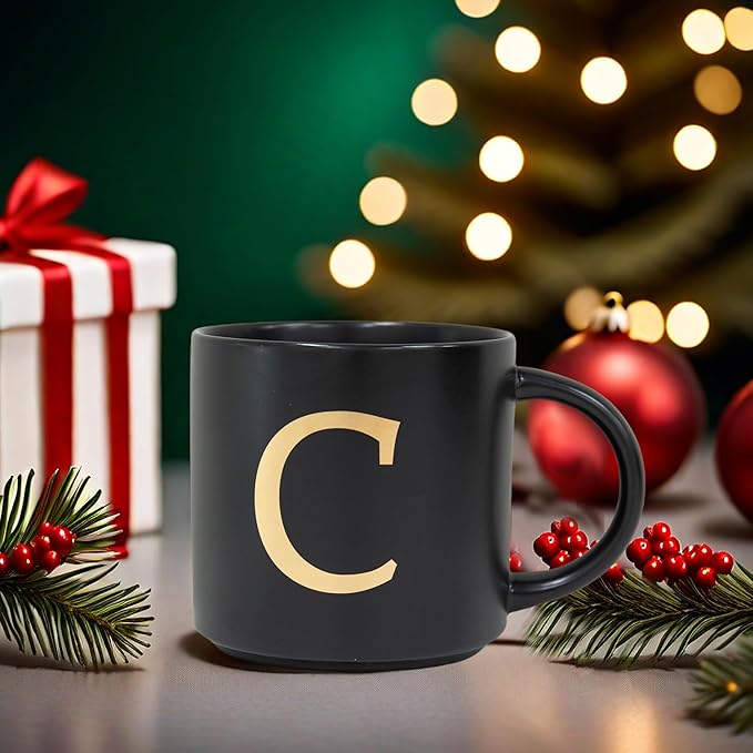 COLLECTIVE HOME - Monogram Ceramic Mugs, 15 oz Golden Initial Black Coffee Cups, Elegant Alphabet Tea Mugs, Elegant Personalized Mug with Gift Box, Unique Mug with Double Side Capital Lette (C)-Ruum Studio Home