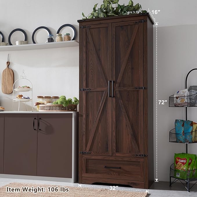 72" Tall Wood Storage Cabinet, Farmhouse Kitchen Pantry Cabinet with Adjustable Shelves & Drawer & Barn Doors, Versatile Storage for Kitchen, Dining Room, Bathroom, Brown-Ruum Studio Home