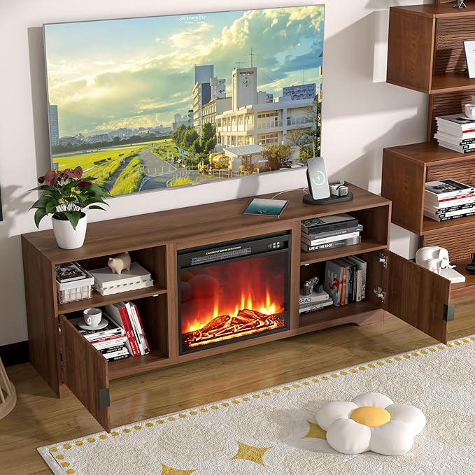 Fireplace TV Stand for Television up to 80 Inch,Entertainment Center with Adjustable Shelf,Mid-Century Modern Fluted TV Stand with 23" Electric Fireplace,Media Console for Living Room,Bedroom-Ruum Studio Home