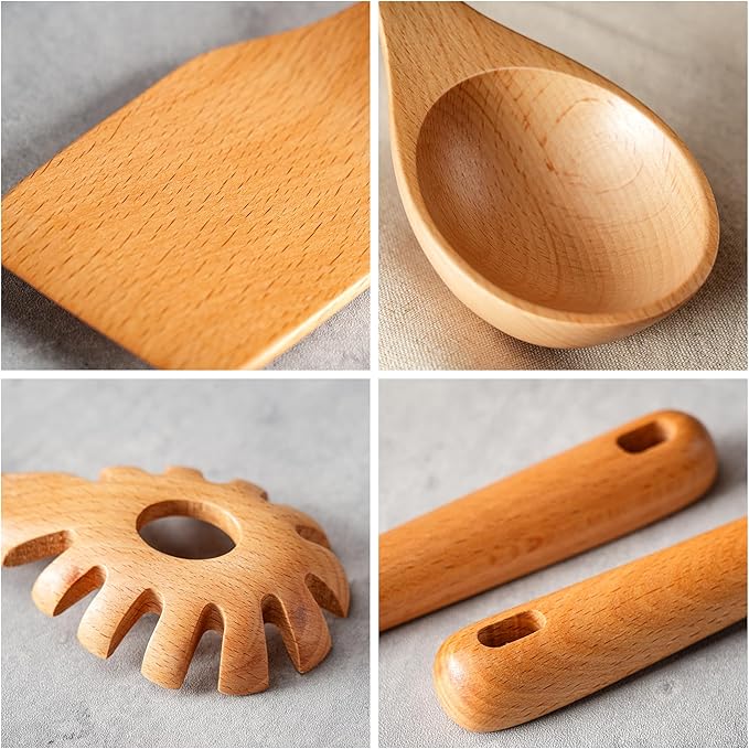 11 PCS WOSPONFAN Kitchen Utensils Set - Wooden Spoons for Cooking, Natural Beech Wood Wooden Utensils - Includes Wooden Spoons, Spatula Set, Slotted Spoon - Handmade Wooden Spoon Set-Ruum Studio Home