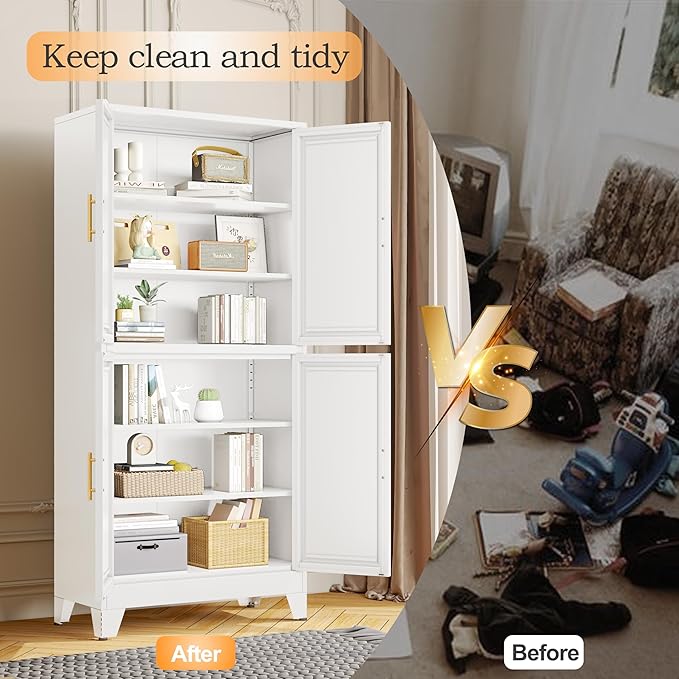 75.2" Tall Metal Pantry Cabinet, Kitchen Pantry Storage Cabinets with 4 Door and 4 Adjustable Shelves, White Storage Cabinet, Freestanding Cupboard for Kitchen Dining Room Living Room Bathroom-Ruum Studio Home