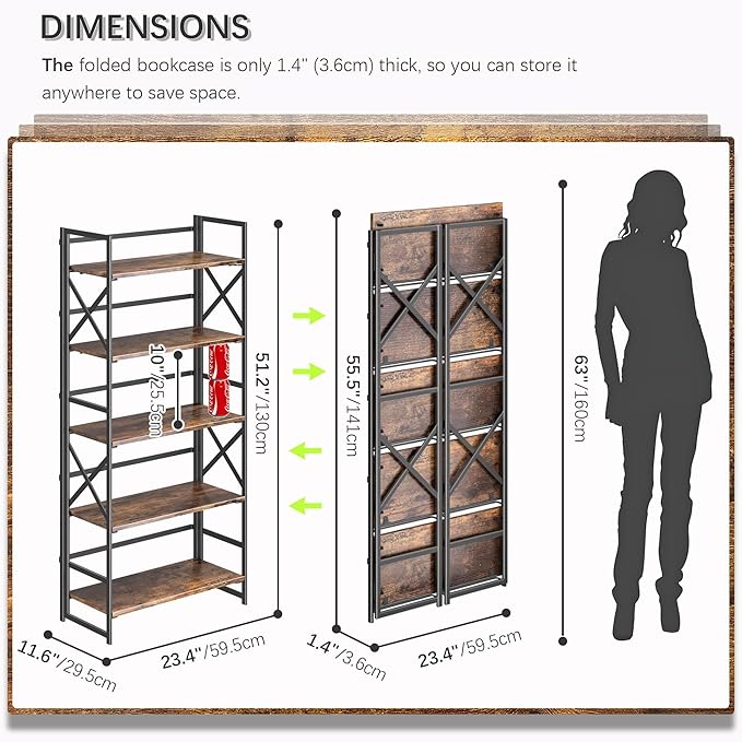 4NM 5 Tiers No Assembly Book Shelves, 51.2" H Folding Bookshelf Bookcase Open Industrial Foldable Shelves for Bedroom, Living Room, Home Office - Rustic Brown Black-Ruum Studio Home