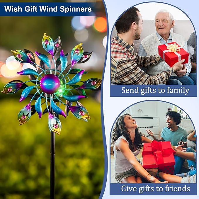 360°Peacock Solar Wind Spinner with Lights Blue Metal Garden Outdoor Decor Yard Lawn Art Decor for Patio Kinetic Windmills Unique Gifts for Friends and Family 51.9' H x 12.2'' Dia-Ruum Studio Home
